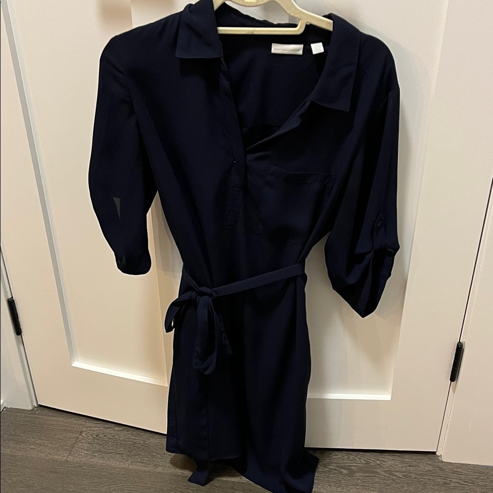 New York & Company Navy Shirt Dress with Waist Tie